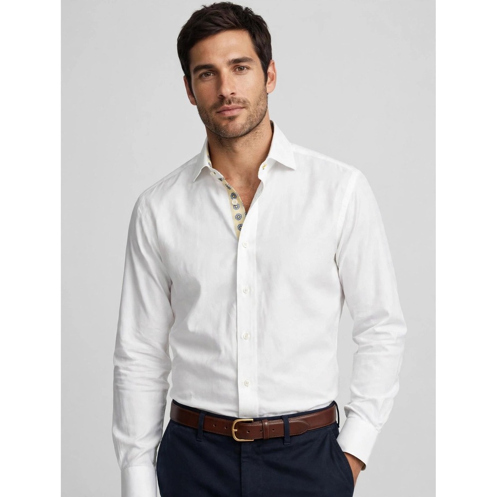 Robert Talbott Carmel Mens White Cotton Floral Trim Button Down Shirt Medium‎